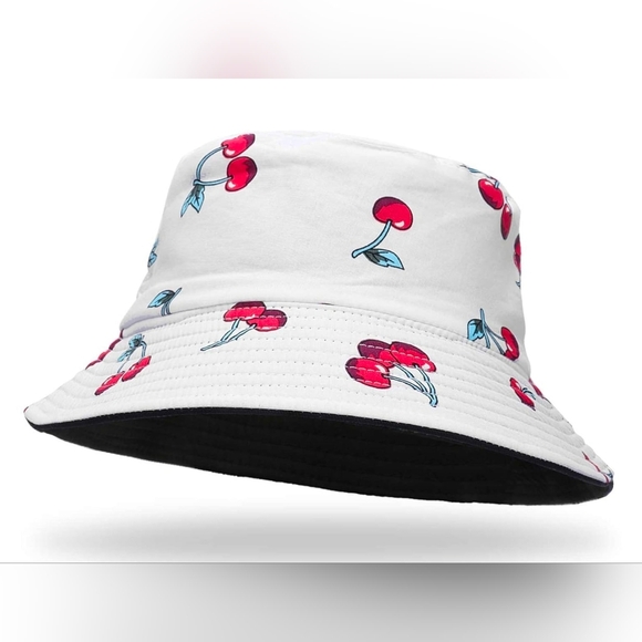 Accessories - Reversible Cherry Print Bucket Hat, White & Black Cotton, Foldable Fisherman Hat